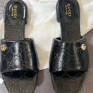 Gucci 1:1 Black Leather Slide Sandals with GG Monogram